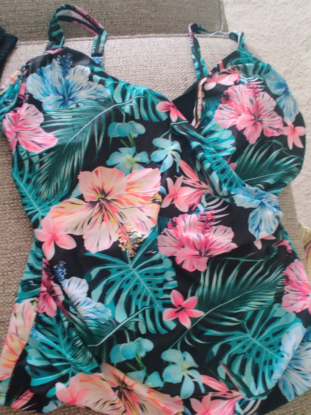 Tropical Floral Tankini Top - Black with Pink & Teal Flowers Sz L